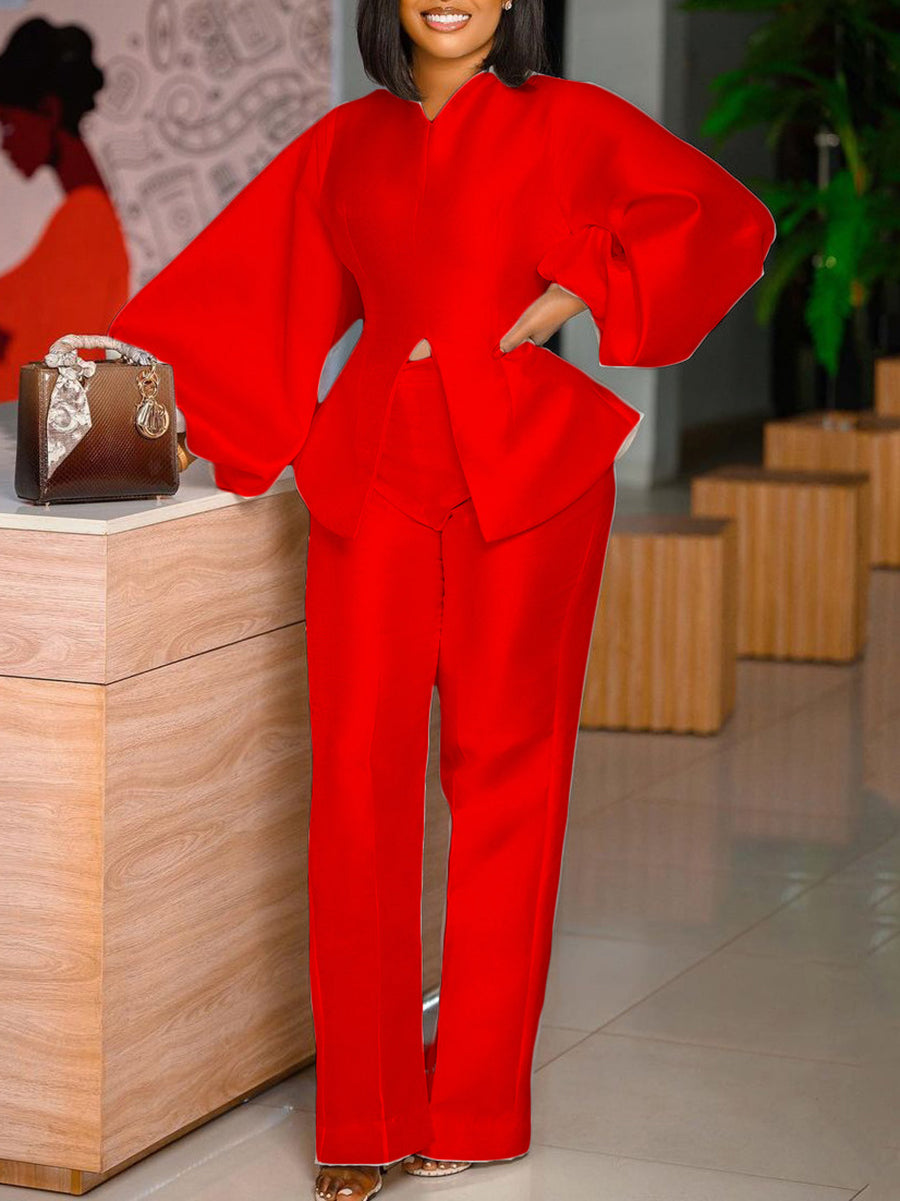 Puff Sleeve Slit Top Pants Set