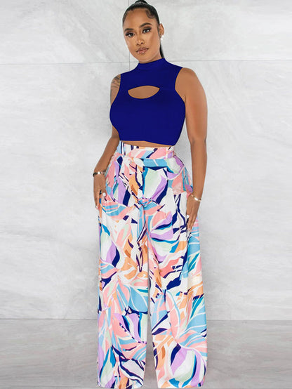 Two Piece Crop Top Floral Print Long Pants
