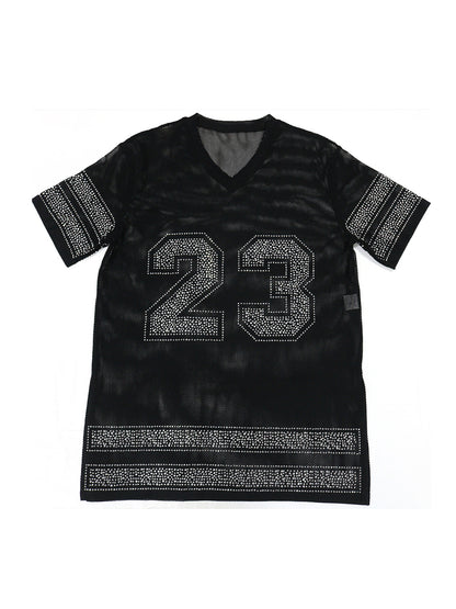Number Graphic Rhinestone Mesh T-Shirt Dress