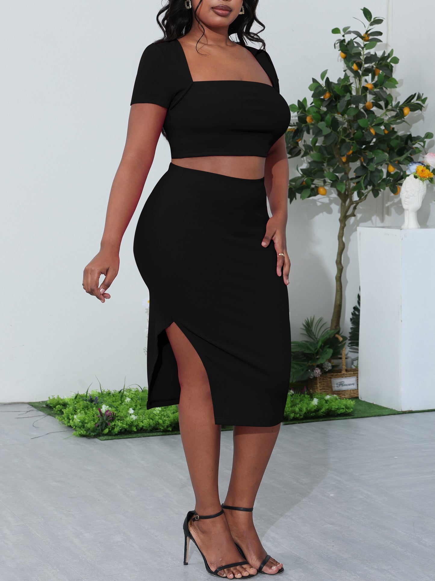 Square Neck Crop Top Side-Slit Midi Skirt