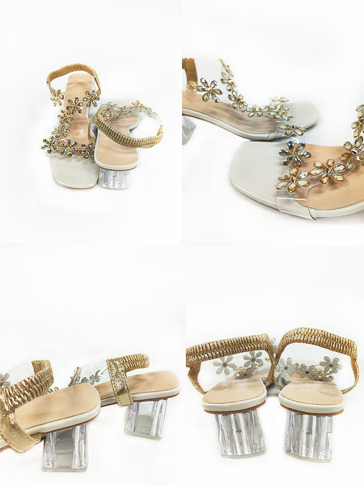 Rhinestone Patchwork Chunky Open Toe Heel