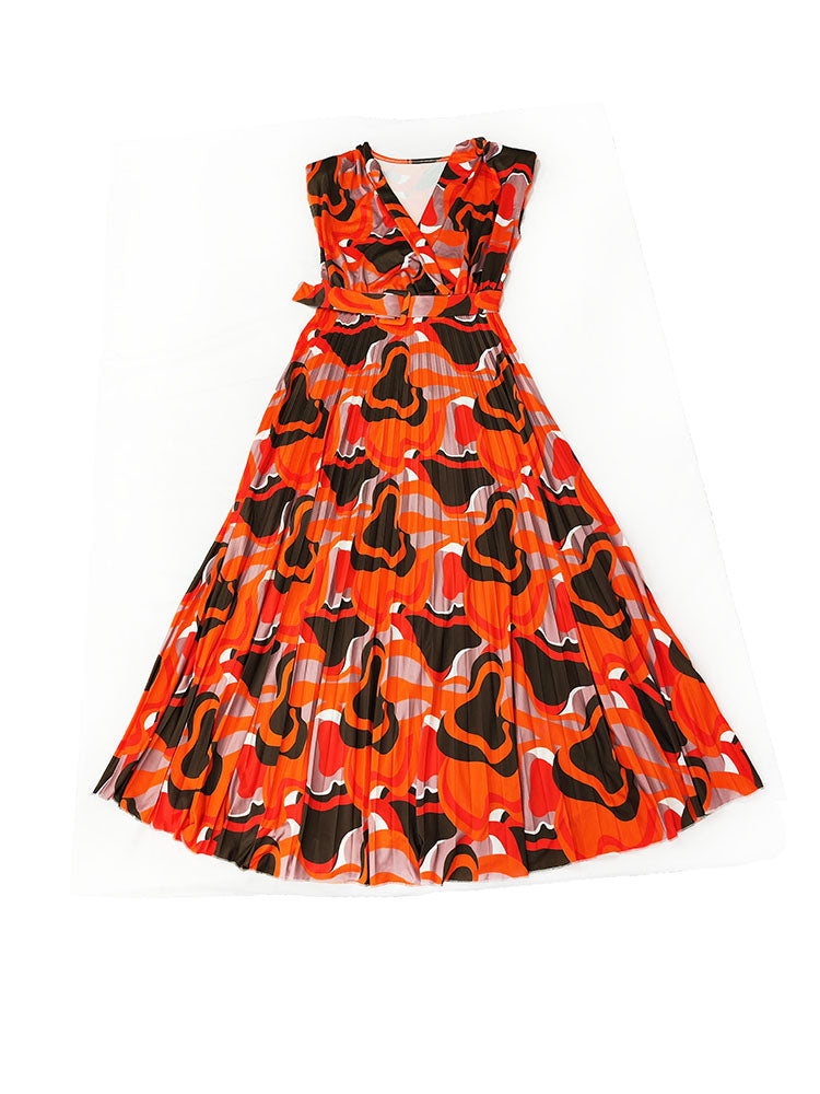 Sleeveless Printed Pleated Bodycon Maxi Dress