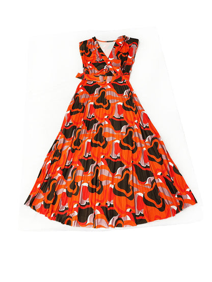 Sleeveless Printed Pleated Bodycon Maxi Dress