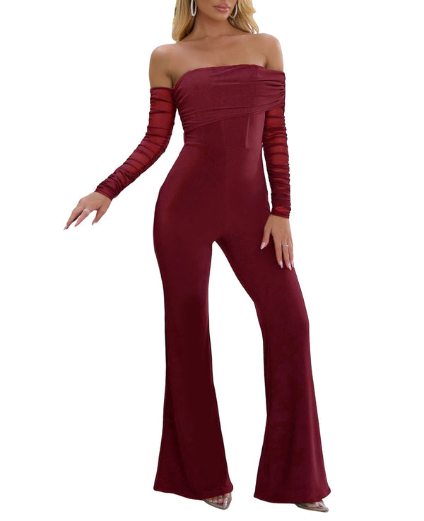 Off Shoulder Long Sleeve Wide Leg Jumpsuit