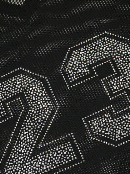 Number Graphic Rhinestone Mesh T-Shirt Dress