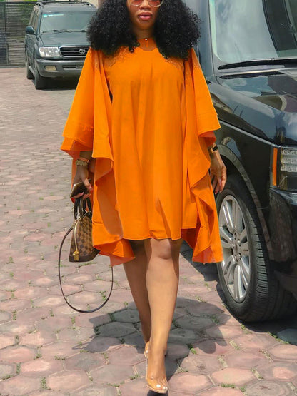 Plus Size Batwing Sleeve Ruffle Midi Dress