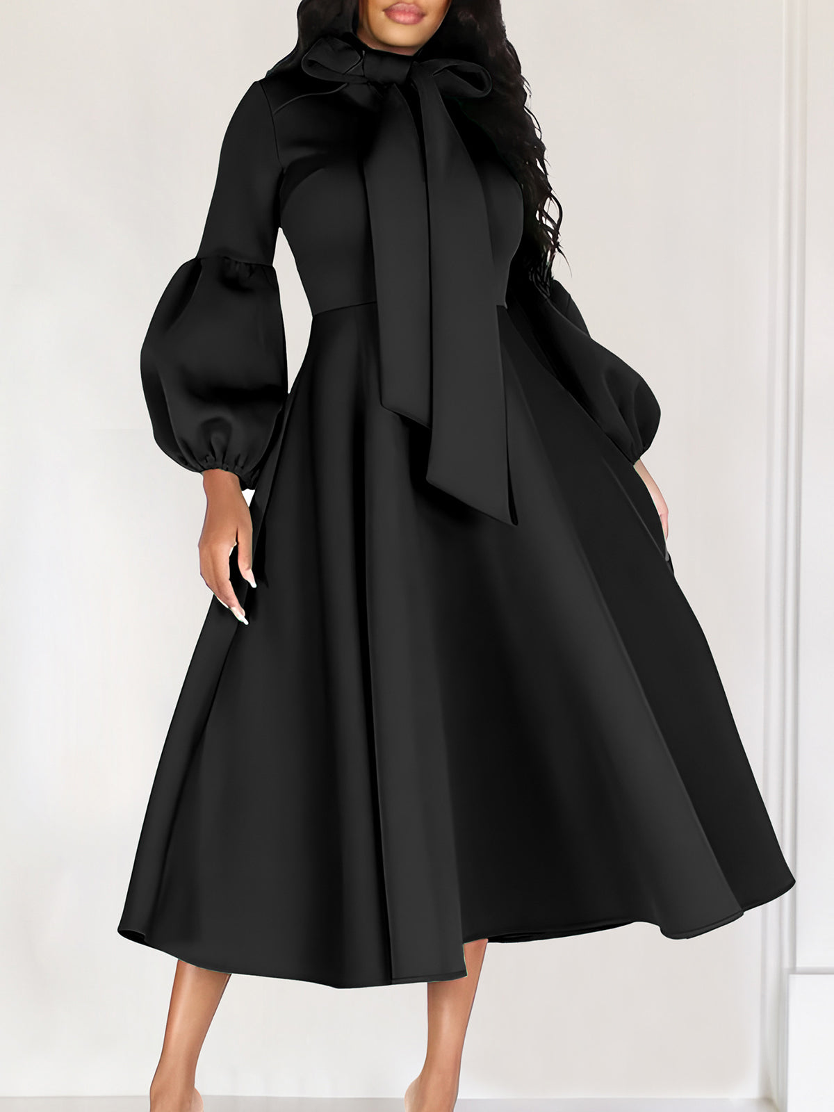 Puff Sleeve Bow-Tie Neck Flared Midi Dress