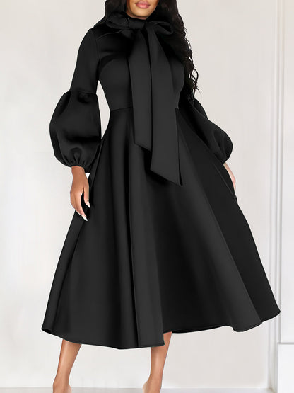Puff Sleeve Bow-Tie Neck Flared Midi Dress