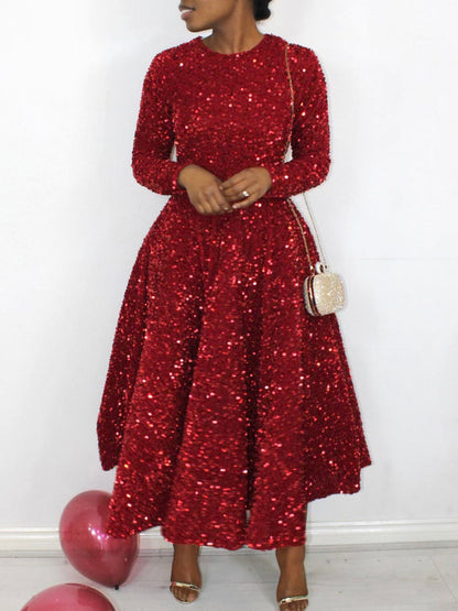 Long Sleeve Solid Color Sequin Dress
