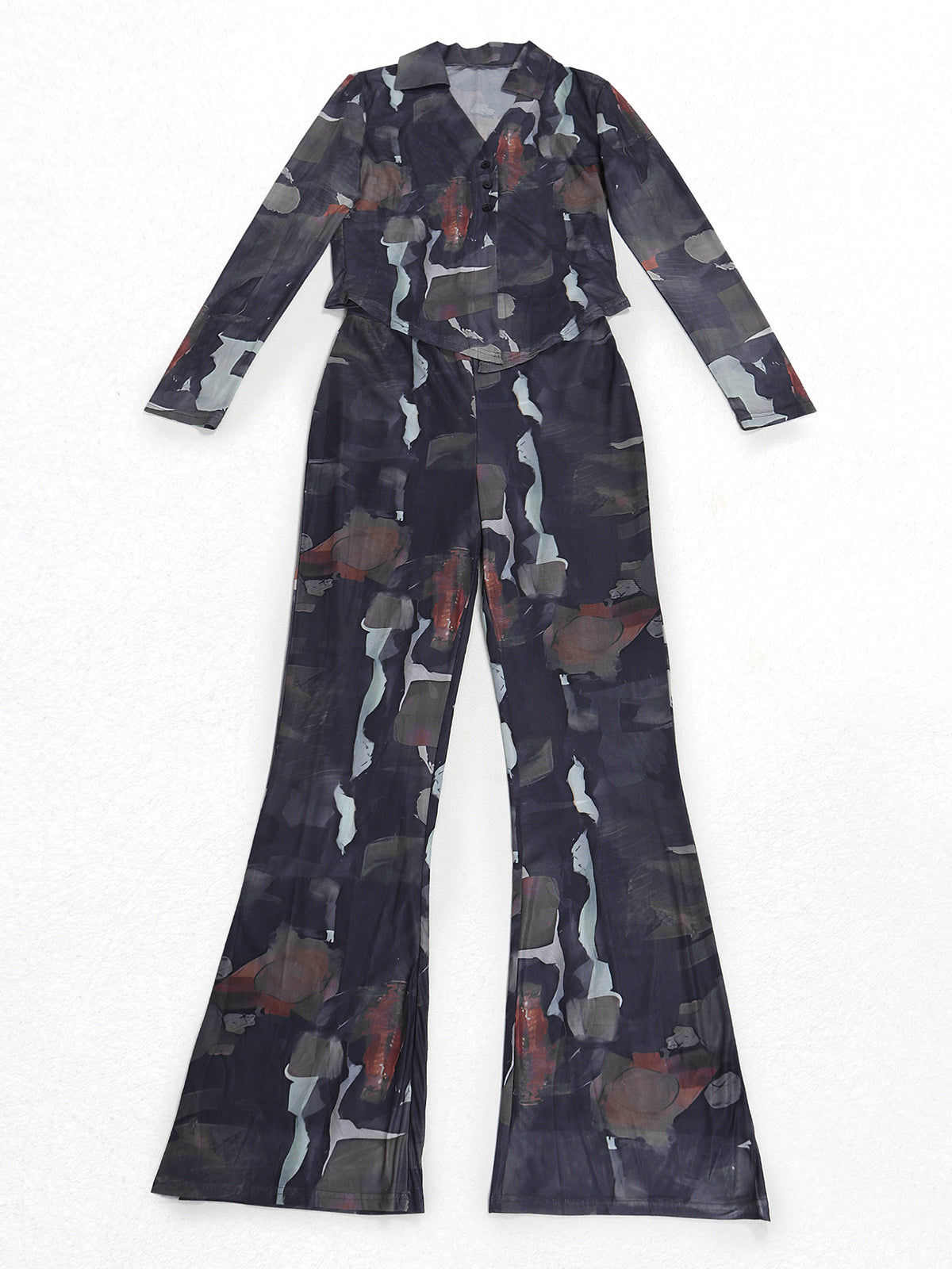 Two Piece Mesh Print Shirt Pants Set
