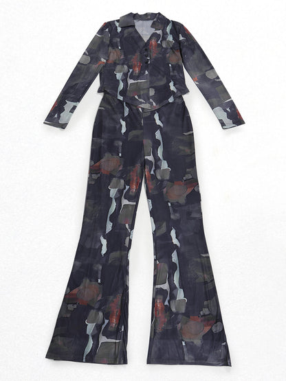 Two Piece Mesh Print Shirt Pants Set