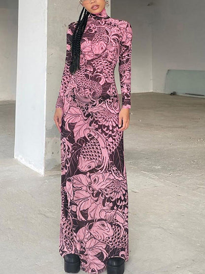 Mock Neck Mesh Print Maxi Dress