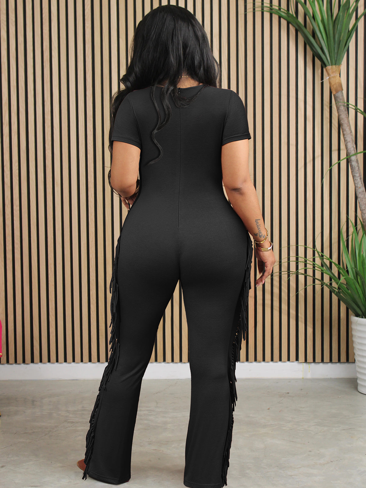 Short Sleeve Fringe Flare Jumpsuit