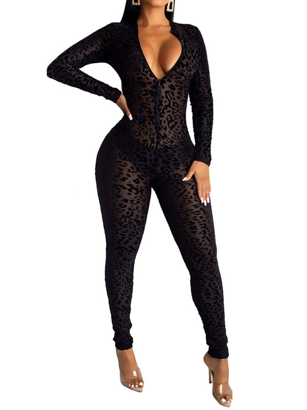 One Piece Mesh Leopard V Neck  Bodycon Jumpsuit