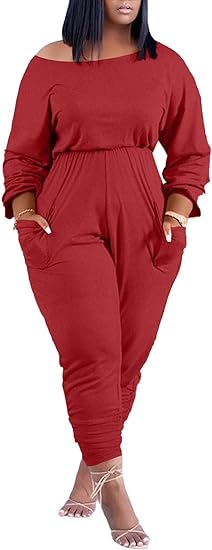 Plus Size Off Shoulder Pockets Loose Jumpsuit