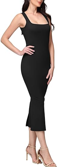 Vestido largo ajustado sin mangas con cuello cuadrado