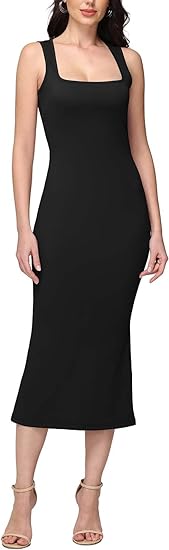 Vestido largo ajustado sin mangas con cuello cuadrado