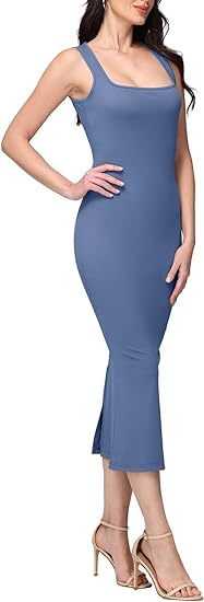 Vestido largo ajustado sin mangas con cuello cuadrado