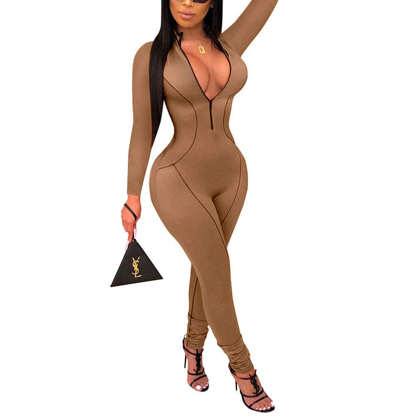 V Neck Long Sleeve Bodycon Jumpsuit