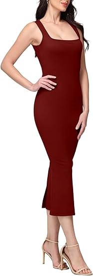 Vestido largo ajustado sin mangas con cuello cuadrado