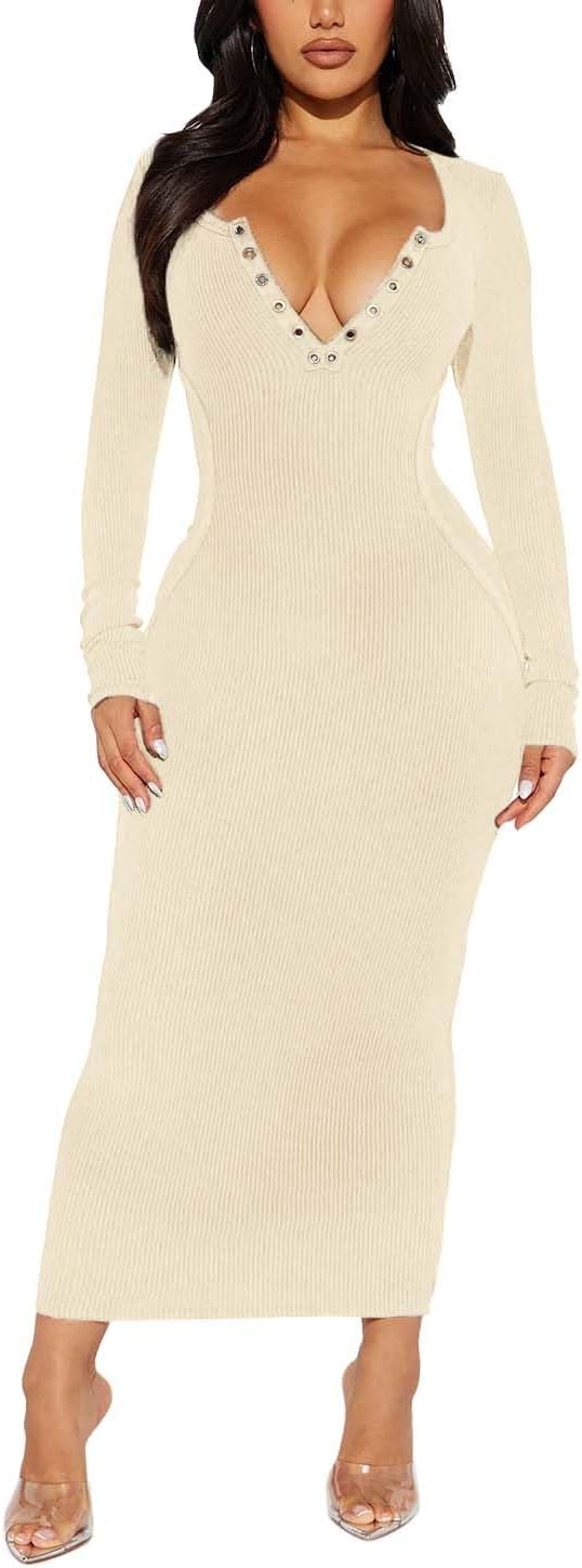 Long Sleeve V Neck Bodycon Maxi Dress