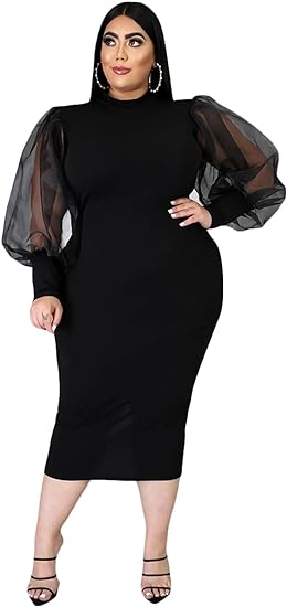 Plus Size Mesh Puff Sleeve Bodycon Midi Dress