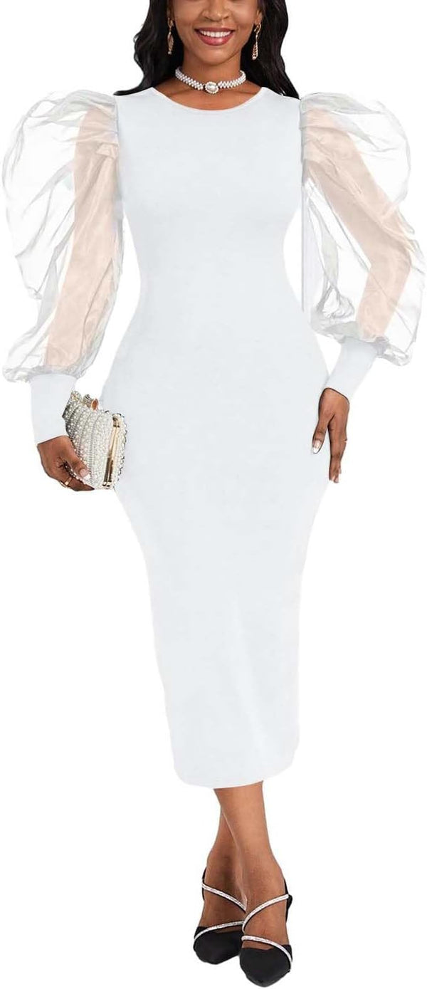 Mesh Puff Long Sleeve Zipper Midi Dress