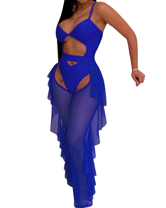 Top corto con tirantes de dos piezas y pantalón largo con volantes