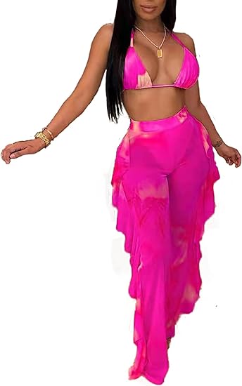 Tops cortos de dos piezas y pantalones con volantes