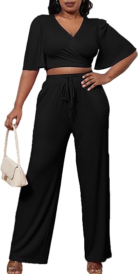 Two Piece Crop Top Drawstring Long Pants