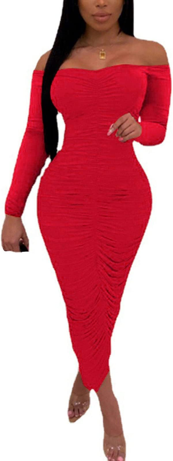 Off Shoulder Long Sleeve Bodycon Midi Dress