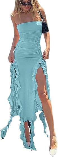 Ruffle Strapless Tassel Split Dress