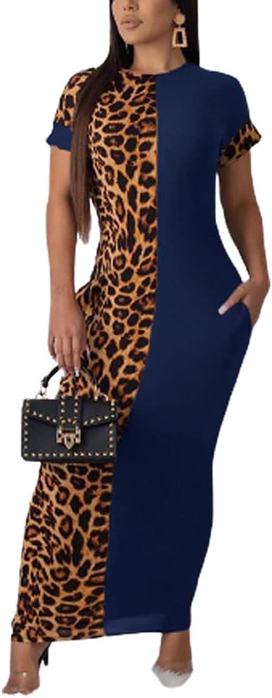 Leopard Patchwork Short Sleeve Bodycon Midi Dress