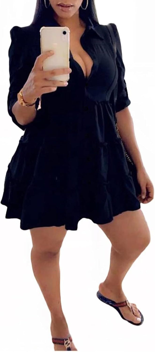 V Neck Button Ruffle Skater Mini Shirt Dress