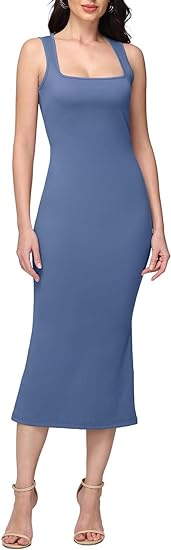 Vestido largo ajustado sin mangas con cuello cuadrado