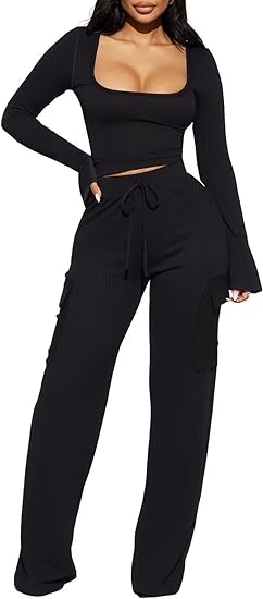 Two Piece Ribbed Bell Sleeve Top Pant Set