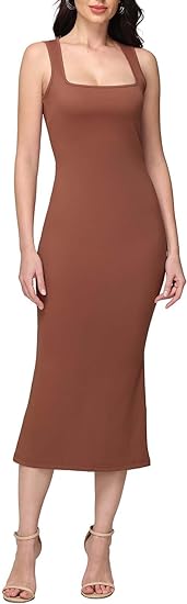 Vestido largo ajustado sin mangas con cuello cuadrado