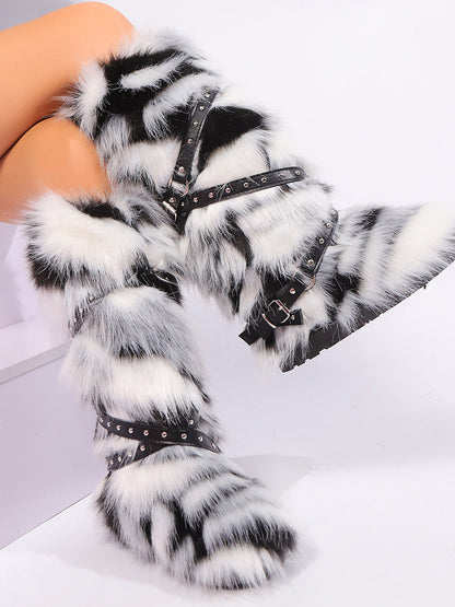 Y2K Faux Fur Cross Strap Buckle Boots