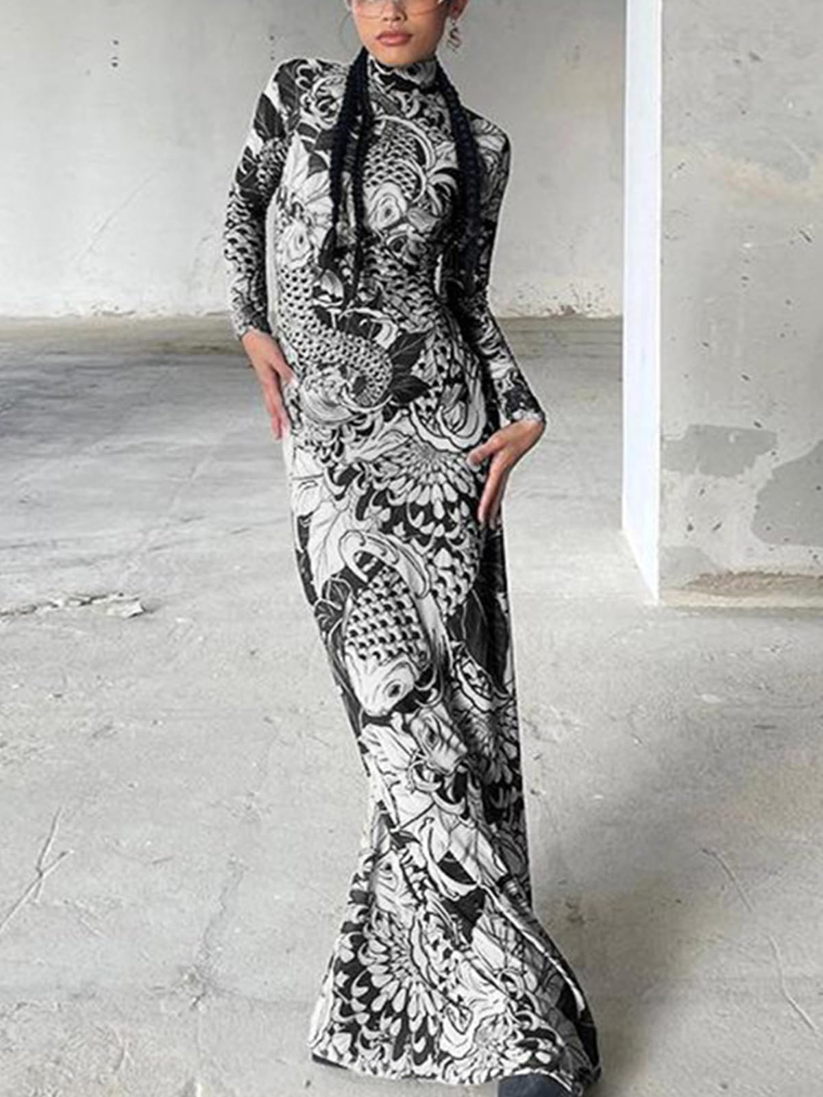 Mock Neck Mesh Print Maxi Dress