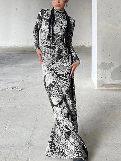 Mock Neck Mesh Print Maxi Dress