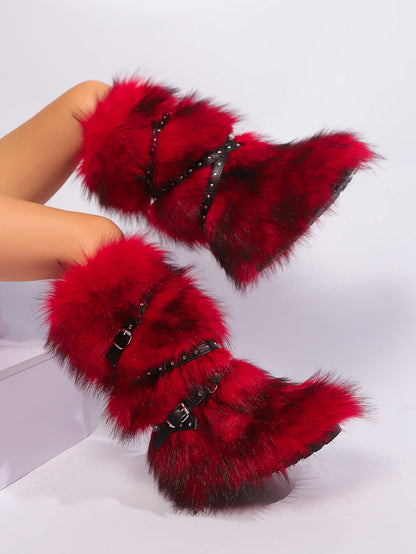 Y2K Faux Fur Cross Strap Buckle Boots