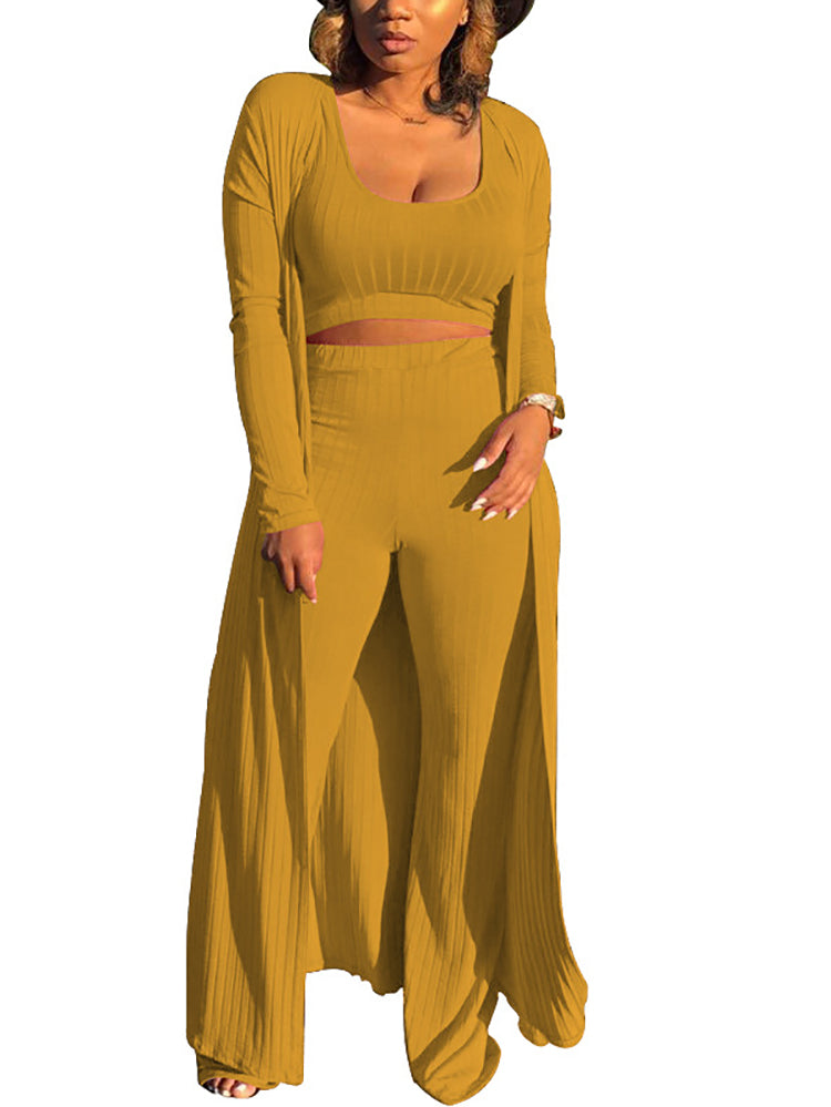Three Pieces Set Crop Top Long Kimono Cardigan Pants