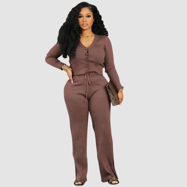 V-neck Crop Top Drawstring Knit Pant set