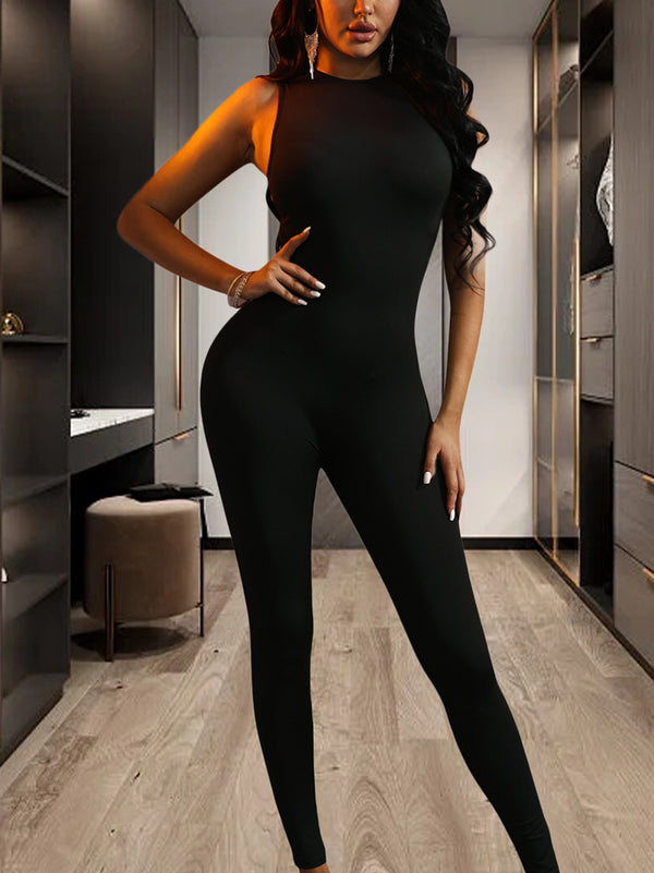 Sleeveless Solid Color Jumpsuit Zipper Jumpsuit