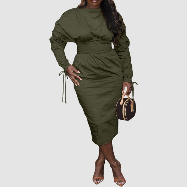 Ruched Drawstring Sleeves Solid Color Dress