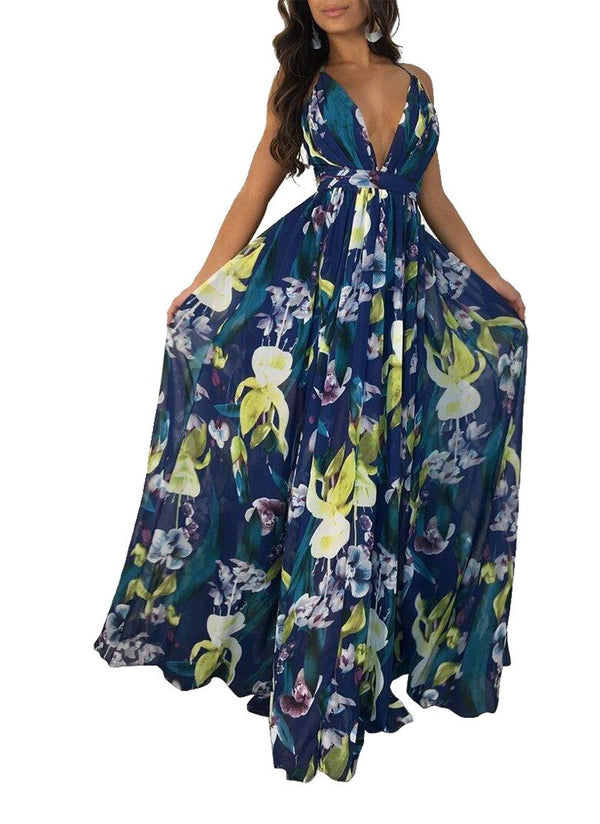 Spaghetti Strap V Neck Floral Backless Maxi Dress