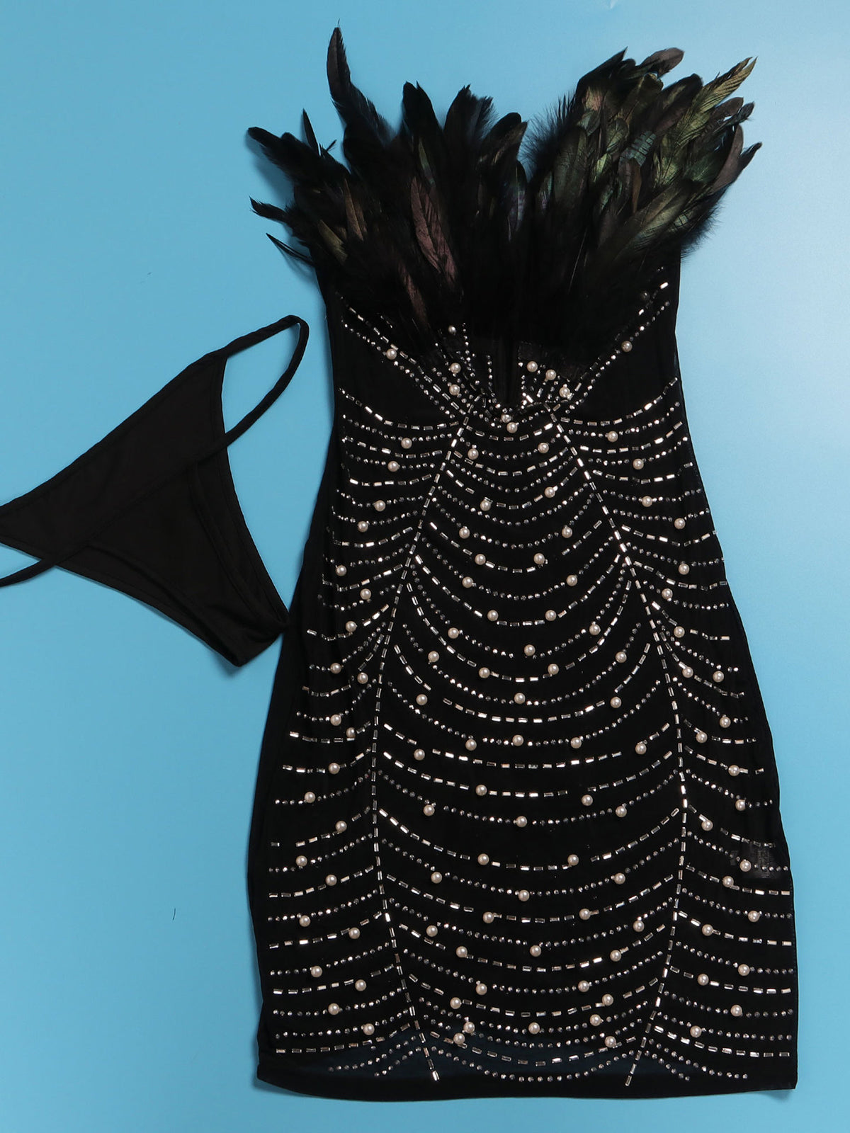Feather Rhinestone Strapless Mini Dress