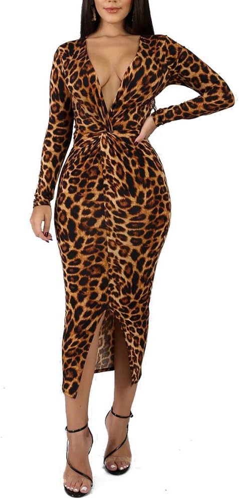 Leopard Print Long Sleeve Pencil Midi Dress