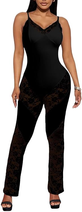 Spaghetti Straps Lace Patchwork Jumpsuit