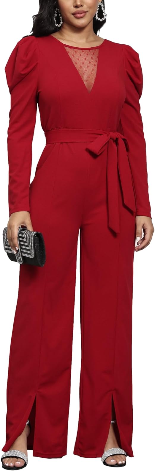 Puff Sleeve Tie Wide Leg Long Pant Jumpsuit